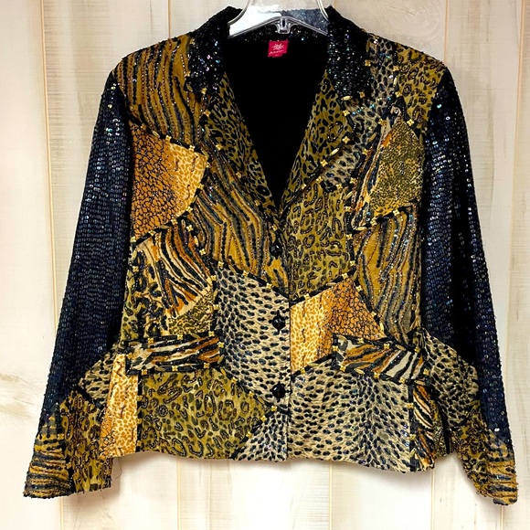 Sandy Starkman Jackets & Blazers - Sandy Starkman Brown Black Beaded Animal Print Patchwork Jacket Sz XL